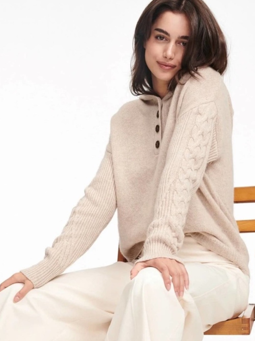 NAADAM Wool Cashmere Cable Sleeve Henley Hoodie Sweater Size S